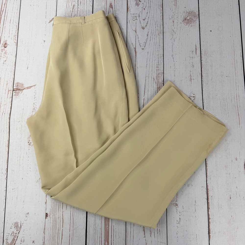 Liz Claiborne Collection Beige 100% Silk Pleated Straight Leg Pants 12 LCMU3888